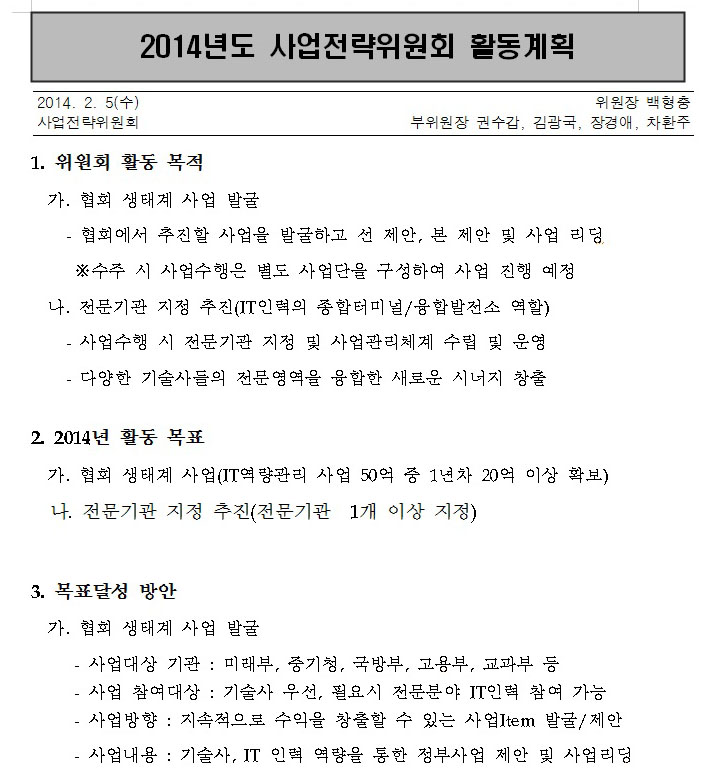 2014년 사업전략위원회 활동계획서